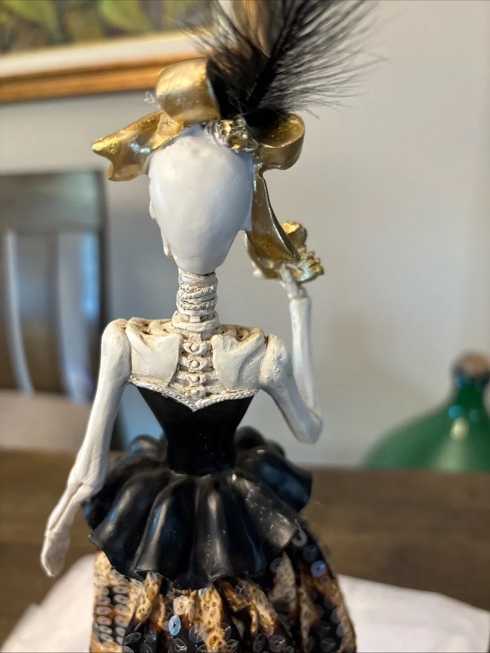 Bella Lux Halloween Skeleton Bow Mask Lady Figurine Leopard Sequin Dress
